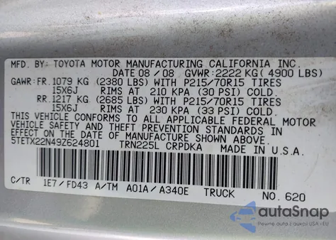 2009 Toyota Tacoma from USA, damaged, VIN 5TETX22N49Z624801